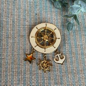 Nautical Gold Tone Enamel Helm Ship Wheel Star Anchor Brooch Pin With Charms